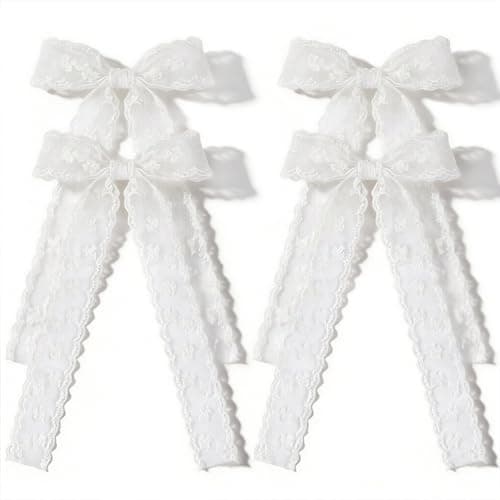 Image of Ymapinc 4-Pack Large Lace Hair Clips for Women, Long Tassel Barrette Ribbons, Cute Tail Bows for Wedding Party Dress Decoration, White