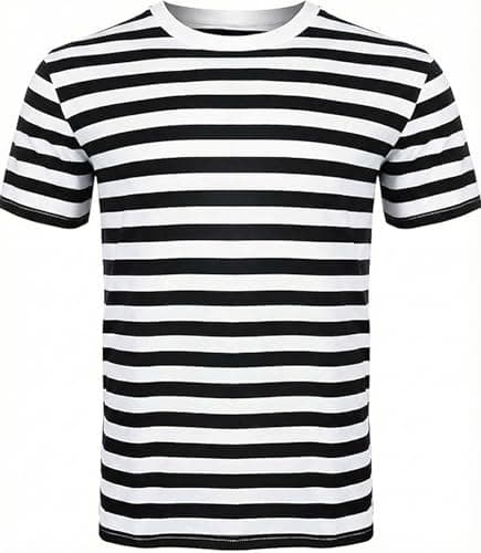 Image of FAIRY TRENDZ® Men Women's Striped Cotton T-Shirt - Unisex Crew Neck Short Sleeve Stripes T-Shirt Casual Summer Top (Black-White, Medium)