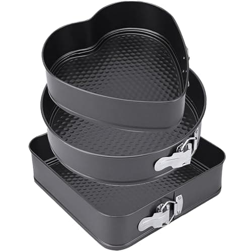 Image of Springform Cake Tin Set of 3 | Non-Stick Loose Bottom Tins | 8" Heart, 9" Round & 9.5" Square (20/22/24 cm) | for Cheesecake, Traybakes, Bread | Carbon Steel, Leak-Resistant