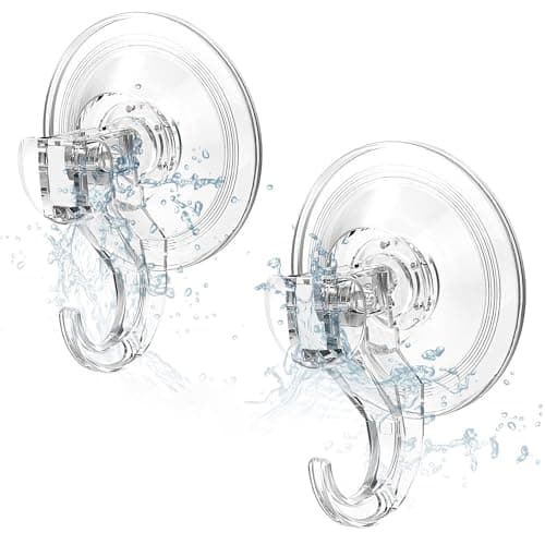 Image of Elegear Suction Hooks for Bathroom, 3Kg Heavy Duty Plastic Strong Vacuum Suction Cup, Reusable Sucker Hook for Shower Kitchen Window Front Door Hanging Towel Caps Bags Coats Xmas Wreath, 2 Pack, Clear
