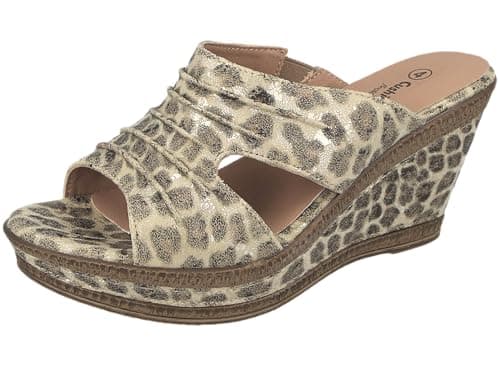 Image of Ladies Leather Lined Peep Toe Mid Wedge Mule Sandals (Leopard, UK 6)