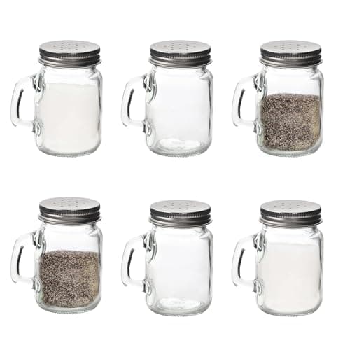 Image of Glass Mason Jars 6 Pack Salt and Pepper Shaker Set with Handles & Silver Lids 4oz Capacity, Easy Refill, Farmhouse Style, Salt & Pepper Shakers, Salt & Pepper Pots, Salt & Pepper Set (Pack of 6)