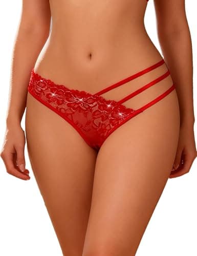 Image of ohyeahlady Women's Lace Tangas Panties Sexy Micro Thongs for Bedroom Curvy Hipster Asymmetrical Bikini Briefs French Brazilian Knicker Cheeky Underwear Red XL
