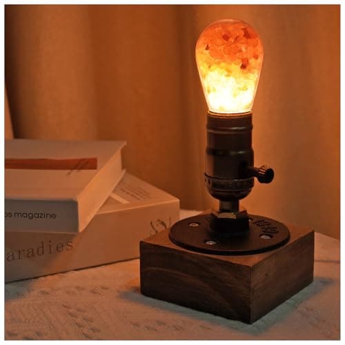 Image of Luxvista E27 Table Lamp Base Industrial, Vintage Lamp with Himalayan Glow Salt Lamp Bulb, Wooden Table Lamp Base Desk Lamp Holder with UK Plug for Living Room, Cafe, Bar