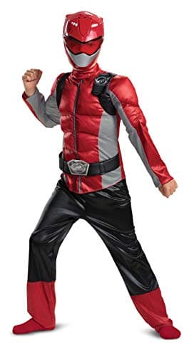 Image of Disguise Official Red Power Rangers Costume Kids, Muscle Power Rangers Fancy Dress Up Outfit for Children Suit Halloween Birthday World Book Day Costumes for Boys 4-6 Years