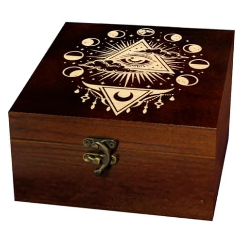 Image of arricraft 1 Pc Wooden Keepsake Storage Box, Moon Phases Mystical Eyes Moon Pennants Pattern Rectangle Souvenir Box for Anniversary Jewelry Picture Letter Storage (4.72x4.72x2.36 inches)