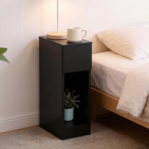 Image of Homullel 20cm Narrow Bedside Cabinet Drawer Slim Bedside Table Small Nightstand Bed Side Table for Bedroom Living Room (1 Drawer, Black)