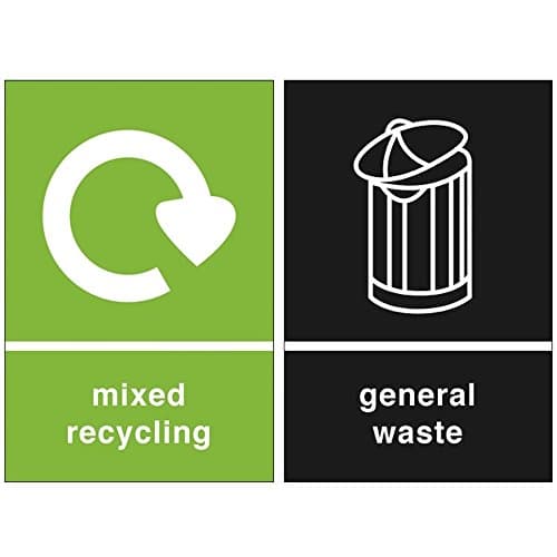 Image of Grizzly Recycling Bin Stickers - Self Adhesive PVC - Pack of 2 Signs - General Waste and Mixed Recycling - 150mm x 100mm - Black and Green