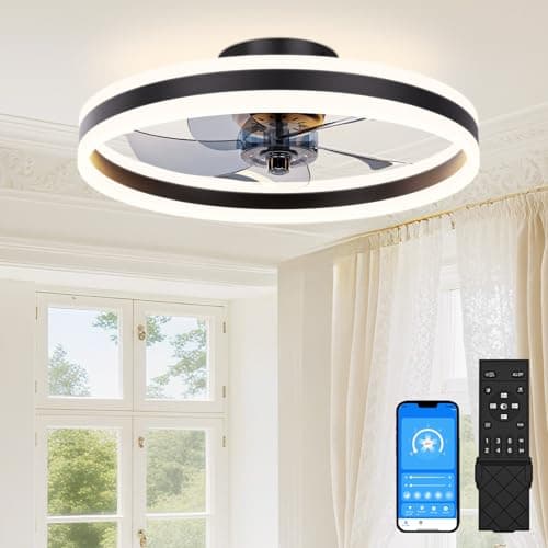 Image of SUNKENET Ceiling Fans with Lights and Remote, 40cm Ceiling Fan Light, 3000K-6500K Dimmable Smart LED Fan Light, 6 Wind Speeds & Reversible, Black Modern Queit Fan Light Ceiling for Bedroom