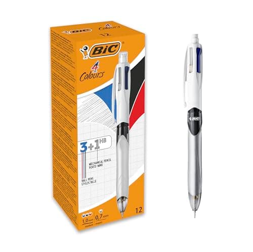 Image of BIC 4 Colours Multifunctional Ballpoint Pen and HB Pencil Combo - Set of 12 - All in One Writing Instrument with Built in Eraser
