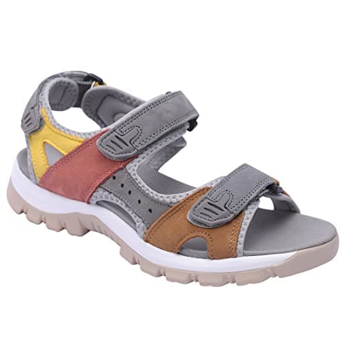 Image of Harssidanzar Women's Sports Hiking Sandals Adjustable Strap Leather Sandals For Women Outdoor Sports Sandals Walking SL256UK,Tan Grey,Size 8 UK