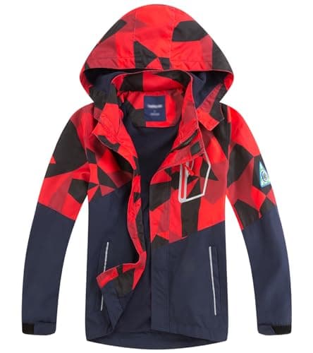 Image of LAUSONS Kids Boys Fleece Lined Raincoat Lightweight Windbreaker Camo Outdoor Waterproof Jacket with Removable Hood Red 7-8 Years / 130cm