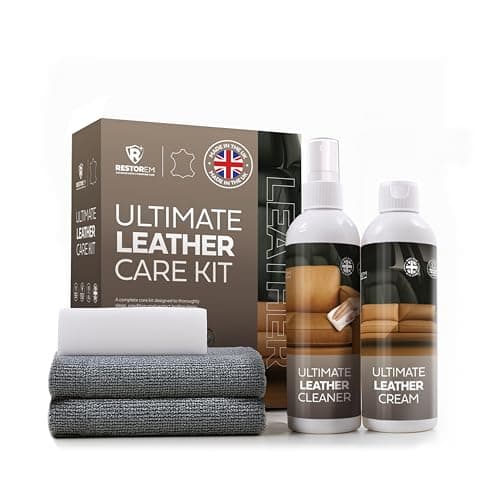 Image of RESTOREM Ultimate Leather Care Kit - 250ml Leather Cleaner & Conditioner - Includes 2 x Microfibre Cloths & Sponge - Sofa, Car Seat & Upholstery Cleaner - Furniture & Chair Restoration Kit