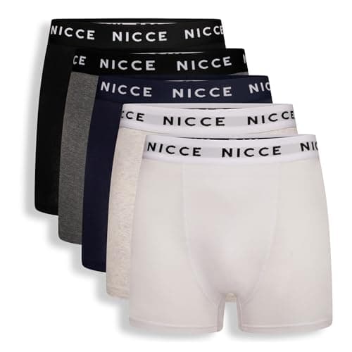 Image of Nicce Men's Tarron Boxers, Assorted Colours - Black, Grey, White, Cream & Navy, Elasticated Logo Waistband, 5 Pack, Premium Cotton Blend, Classic Fit, Comfortable Men's Underwear, Medium