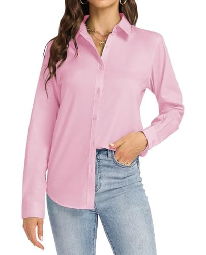 Image of J.VER Ladies Shirts Long Sleeve Stretch Cotton Blouse Regual Fit Formal Business Casual Smart Tpos Work Office Fashion Button Down Shirt Pink L