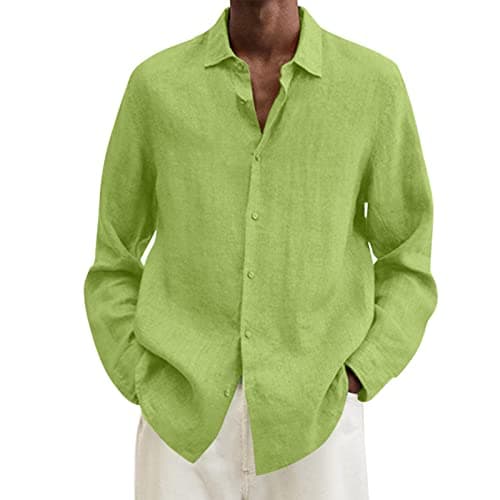 Image of Cotton Linen Shirts Men Long Sleeved Loose Fit Casual Solid Shirt Lightweight Button Down Standing Collar Shirts Breathable Comfort Classic Fit Polo Shirt Casual Fashionable Plus Size Shirt Yellow