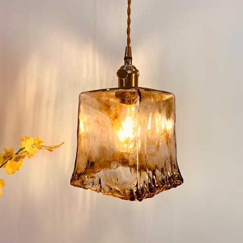 Image of KRUIHAN Vintage Brass Pendant Light Creative E27 Lights Ceiling Hanging,Amber Glass Chandelier Ceiling Light Shade for Farmhouse Hallway Porch Kitchen Bedroom Coffee Shop Dining Room,Style F-3