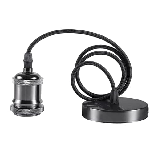 Image of Sevenpers Ceiling Pendant Light Fitting, E27 Vintage Style Ceiling Rose Light Fitting with Ground Wire and 90cm Braided Cable, Suitable for Kitchen Island, Home, Bar DIY (Black Chrome)