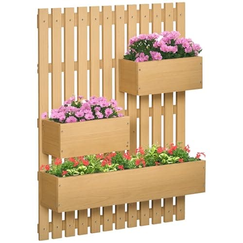 Image of Outsunny Wall-mounted Wooden Garden Planters with Trellis, Drainage Holes and 3 Movable Planter Boxes, Wall Raised Garden Bed for Patio, Natural