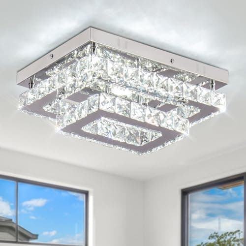 Image of Finktonglan Crystal Ceiling Light Modern Flush Mount Rectangular LED Ceiling Lamp K9 Stainless Steel Ceiling Lights Fixture Chandelier for Living Room Bedroom Dining Room(Cool White)