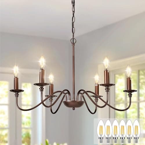 Image of Depuley Brown Chandelier Light Fixture: 6-Light Modern Farmhouse Dining Room Chandelier with 6 E14 Bulbs - Industrial Pendant Lights Kitchen Island - Vintage Iron Candle Chandeliers for Foyer
