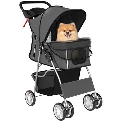 Image of PawHut Dog Pram, Foldable Pet Stroller for Small Miniature Dogs Cats, Pet Buggy Pushchair with 360° Swivel EVA Wheels, Brake, Reflective Strips, Mesh Windows, Washable Cushion, Dark Grey