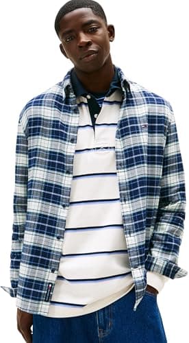 Image of Tommy Jeans Men's TJM Reg Flannel Shirt Ext Dm0Dm22839 L/S, Blue (Dark Night Navy/Big Check), M