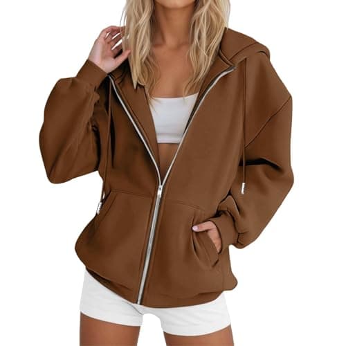 Image of Hoodies For Women Oversized Hoodie Zip Up Sweatshirts Casual Loose Ladies Hoodie Soft Comfortable Oversized Pullover With Pockets Ladies Long Sleeve Fashion Coats (1-Brown, S)