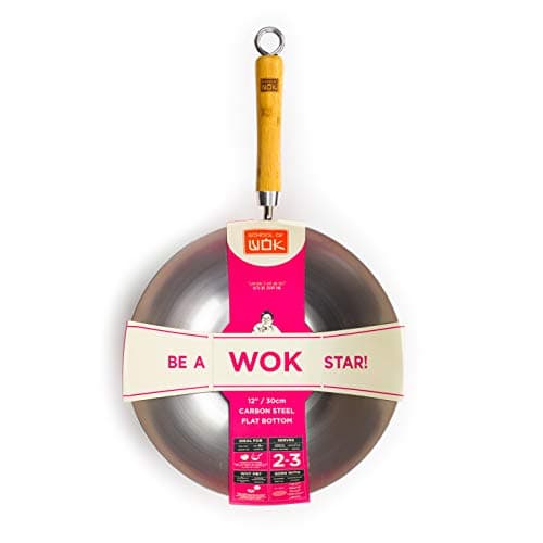 Image of School of Wok - 12"/30cm Carbon Steel Wok, Flat Bottom, Bamboo Handle