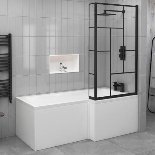 Image of 1600 x 850mm Right Hand L-Shaped Shower Bath Square Bathtub with Matt Black Abstract Grid Screen & Fixed Return Panel