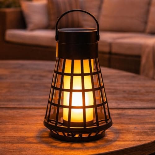 Image of Festive Lights - Solar Powered Black Lantern Dancing Flame Effect – 51cm 3-in-1 Garden Lantern with Stake, 48 Amber Flickering LEDs, Outdoor Hanging Tabletop Patio Pathway Light, IP44 Waterproof