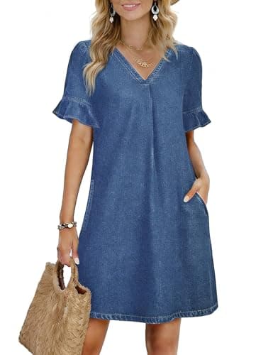 Image of Fengbay Summer Denim Dresses for Women UK V Neck Ruffle Short Sleeve Casual Elegant Shift Ladies Jean Shirt Dress with Pockets Dark Blue