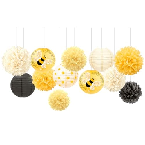 Image of NICROLANDEE Bee Party Decorations, 12PCS Yellow Hanging Paper Lanterns & Tissue Pom Poms, Bee Themed Birthday & Baby Shower Decor