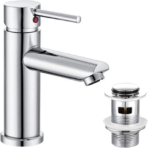Image of Hapilife Basin Mixer Taps with Pop Up Waste Slotted Bathroom Sink Tap Mixers Washroom Cloakroom Taps Single Lever Chrome Stainless Steel with G1/2 Hoses Round 1 Hole