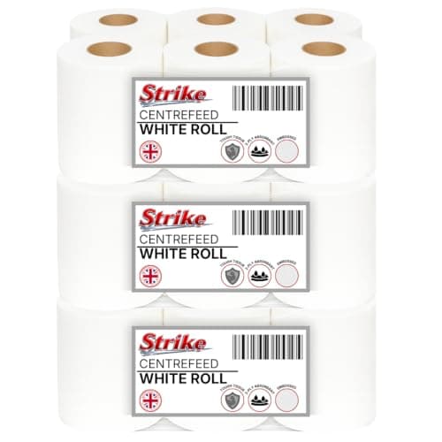 Image of Strike White Centre Feed Roll Embossed 2ply Wiper Paper Towel 50M p/Roll 6 Per Pack Family Disposable Kitchen Rolls Cleaning Household (18 Rolls)