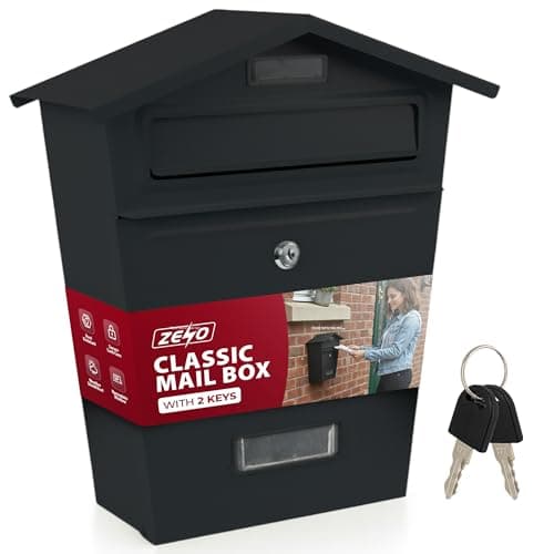 Image of ZENO Post Box | Letter Box Wall Mounted Waterproof | Large Outdoor Mail Box for Home | Secure Postbox with Lock and Keys | Modern Letterbox with Nameplate Window | Heavy Duty Post Boxes | Black