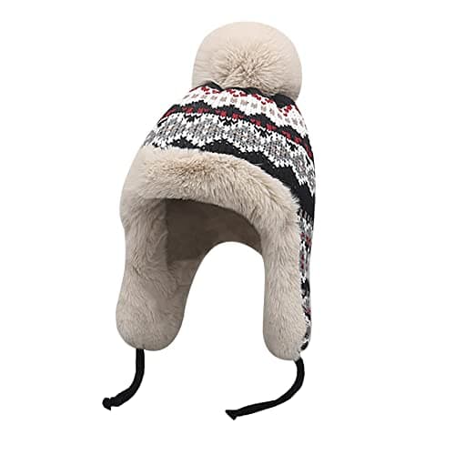Image of IPENNY Women Girls Winter Chunky Beanie Hat with Earflap Fluffy Warm Woolly Lined Knitted Hat Pompom Ushanka Hat Thermal Skull Cap Outdoor Activity Ski Cap (UK, Numeric, 5, 8, Black)