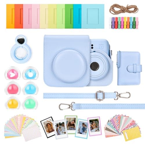 Image of HIYQIN 8 in 1- Camera Case and Accessories Compatible with Fujifilm Instax Mini 12, Mini 12 Case/Photo Album/Photo Frame & Stickers/Lens Filter/Selfie Mirror - Pastel Blue