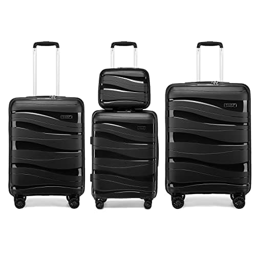 Image of Kono Luggage Sets of 4 Piece Lightweight Polypropylene Hard Shell Suitcase with TSA Lock Spinner Wheels 20" 24" 28" Travel Trolley Case + 14" Beauty Case (Set of 4, Black)