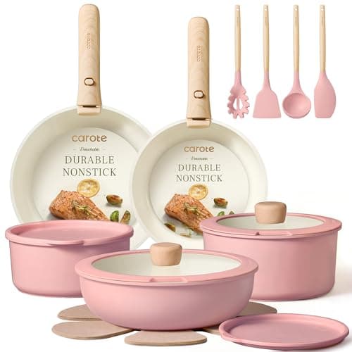 Image of CAROTE Pots and Pans Set, Nonstick Cookware Set Detachable Handle, 19pcs Induction Kitchen Cookware Sets Non Stick with Removable Handle, RV Cookware Set, Oven Safe, Pink