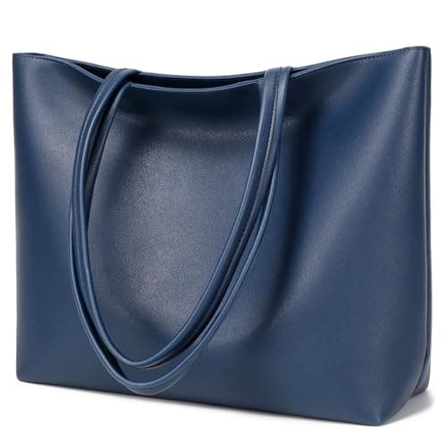 Image of MEEGIRL Ladies Tote Bags Simple PU Leather Handbags Work School Shopping Bags for Women with Zip and Inner Pocket (Navy Blue)