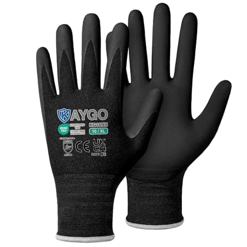 Image of KAYGO Safety Work Gloves MicroFoam Nitrile Coated 3 Pairs, KG18N, Seamless Knit Nylon Glove with Abrasion and Oil Resistant Grip, Ideal for General Purpose, Automotive, DIY (X-Large, Black)