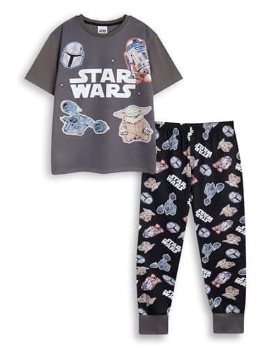 Image of Star Wars R2D2 Yoda Boba Fett Grey Short Sleeve Long Leg Pyjama Set | Kids Unisex Sleepwear with Movie Characters | Comfortable Nightwear for Bedtime & Relaxation Merch - 13-14 Years
