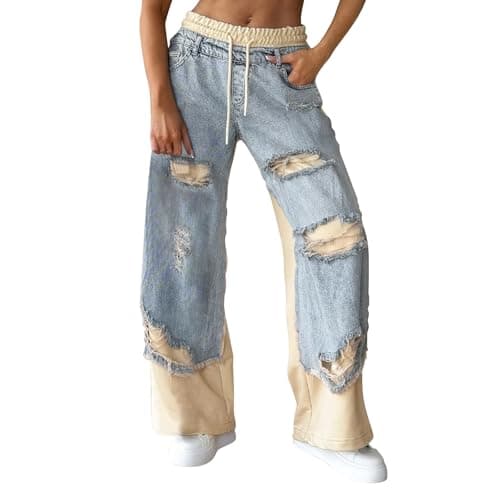 Image of Ripped Patchwork Denim Trousers for Women UK Comfortable Elastic Waisted Drawstring Jeans Baggy Wide Leg Straight Leg Mom Pants Trendy Stitching Streetwear Jean Light Blue