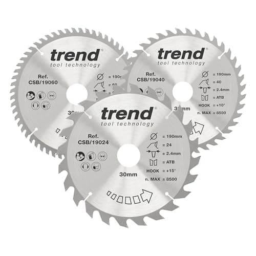 Image of Trend Wood Circular Saw Blades, 190mm Diameter, 30mm Bore, 24/40/60 Teeth, 2.6mm Kerf, +15° Hook, TCT, Medium/Fine/Extra-Fine Finish, 3 Pack, CSB/190/3PK
