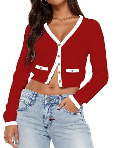 Image of LACOZY Cardigan Sweater Women's V Neck Shirt Crop Button Up Knit Long Sleeve Shrug Sweaters Trendy Work Ladies Sexy Clothes Red XL