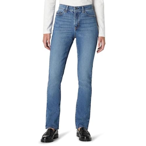 Image of Amazon Essentials Women's Medium-Stretch Slim-Fit Mid-Rise Straight Leg Jeans, Medium Blue Vintage, 10