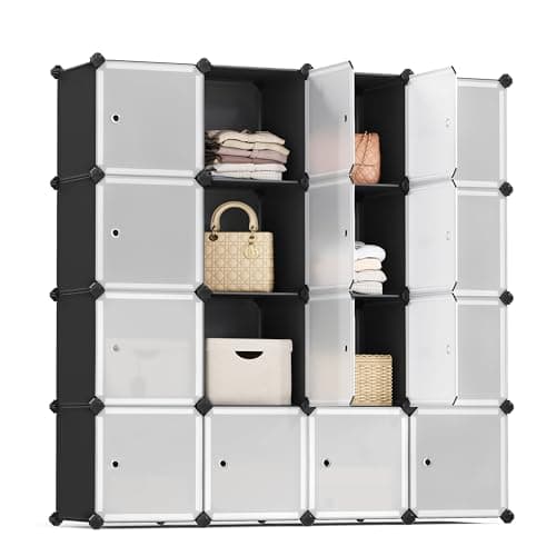 Image of SONGMICS 16-Cube Storage Unit, Shoe Rack, Stackable Cubes, Plastic Closet Cabinet, Wardrobe, with Doors, for Bedroom, Office, Easy to Assemble, Black and White LPC44HS