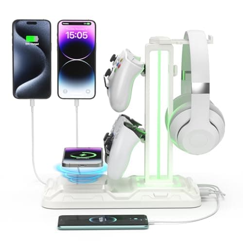 Image of KDD Headset and Controller Stand with Wireless Charging & 9 Light Modes, Rotatable Controller Holder - Headphone Stand with 2 USB and Type C Ports, Gaming Headset Stand for Gamers Desktop Accessories