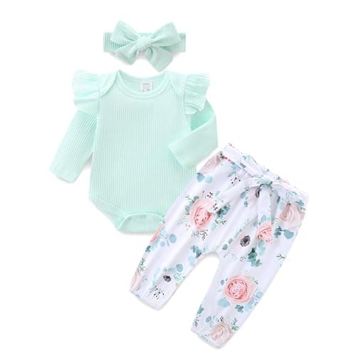 Image of KIDDLETOWN 3Pcs Baby Girl Clothes Outfit Set Girls Long Sleeve Romper Top and Rose Printed Pant and Headband Newborn Clothing Ruffle Bodysuit Infant Girl Spring Fall Outfits Baby Grows 9-12 Months